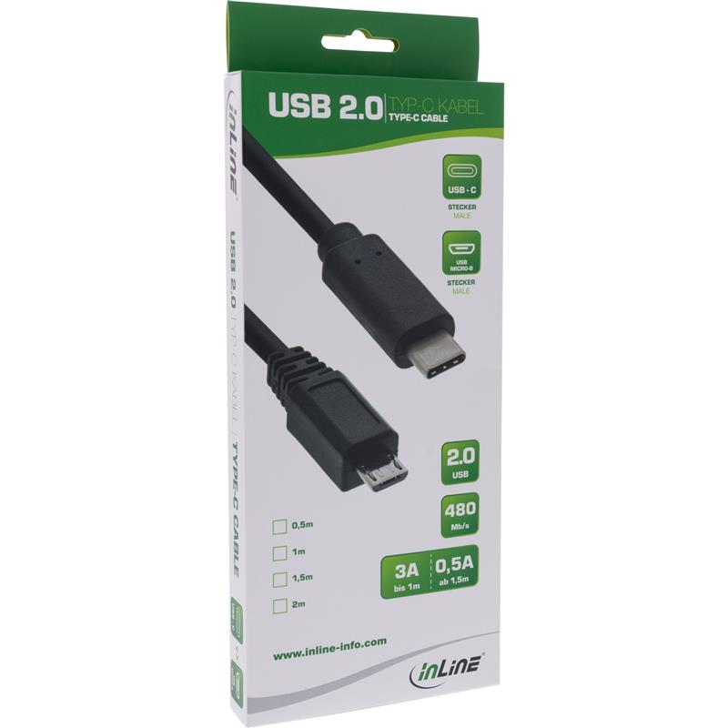 InLine USB 2 0 Cable Type C male to Micro-B male black 0 5m