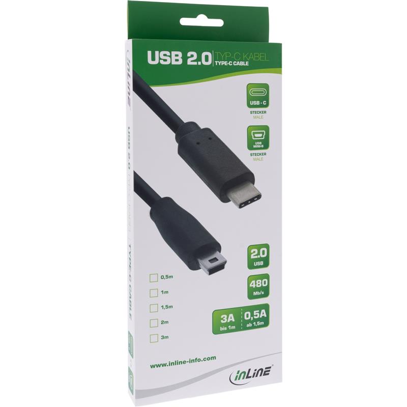 InLine USB 2 0 Cable Type C male to Mini-B male 5pin black 0 5m