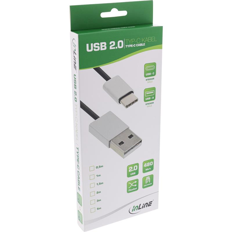 InLine USB 2 0 Cable Type C plug to A plug black alu flexible 3m