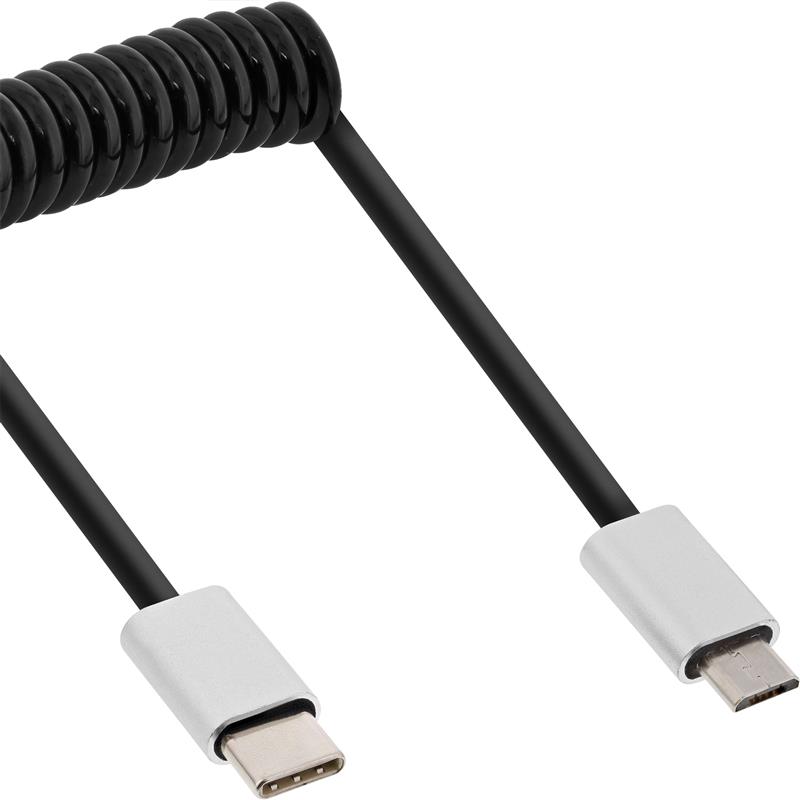 InLine USB 2 0 spiral cable Type C plug to Micro-B plug black alu flexible 0 5m