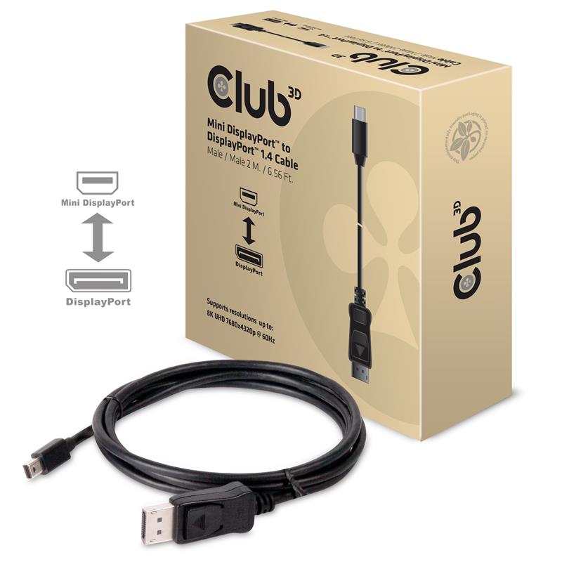 CLUB3D Mini DisplayPort naar DisplayPort 1.4 HBR3 8K60Hz Kabel, 2 Meter