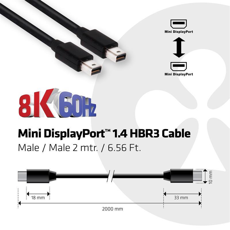 CLUB3D Mini DisplayPort 1.4 Kabel HBR3 8K60Hz M/M 2 meter