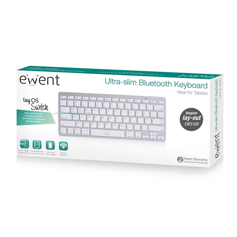 Ewent EW3168 toetsenbord voor mobiel apparaat AZERTY Belgisch Zilver, Wit Bluetooth