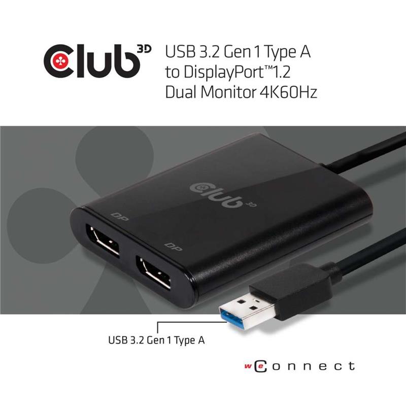 CLUB3D USB3.2 Gen1 Type A to 2x DisplayPort™1.2 Dual Monitor 4K60Hz DisplayLink Video Splitter