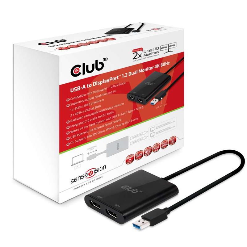 CLUB3D USB A to DisplayPort™ 1.2 Dual Monitor 4K 60Hz