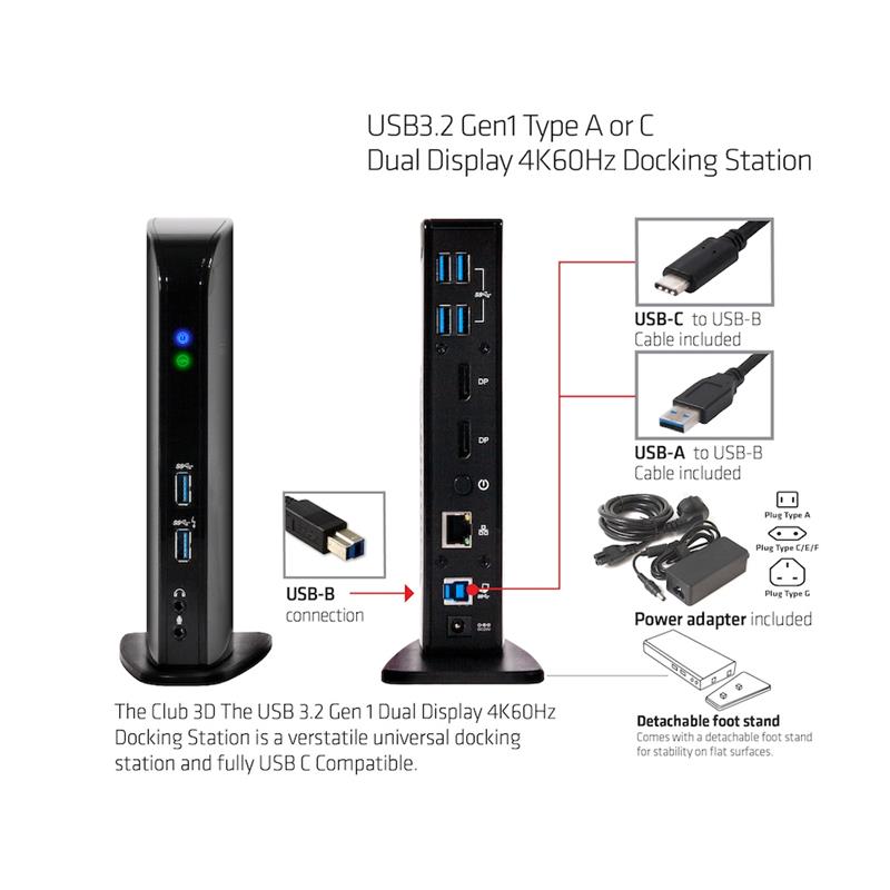 CLUB3D UNIVERSEEL Docking station USB3.2 Type A of C 2x Displayport 4K60Hz DisplayLink® gecertificeerd