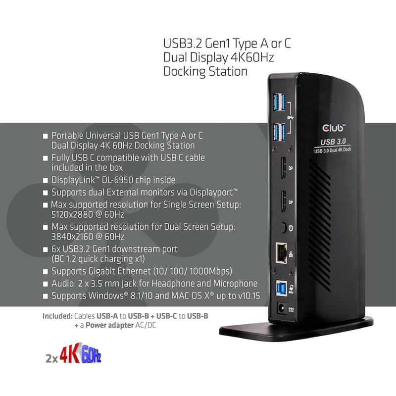 CLUB3D UNIVERSEEL Docking station USB3.2 Type A of C 2x Displayport 4K60Hz DisplayLink® gecertificeerd