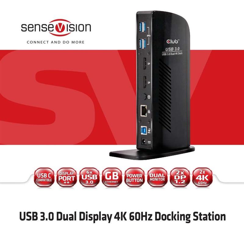 CLUB3D UNIVERSEEL Docking station USB3.2 Type A of C 2x Displayport 4K60Hz DisplayLink® gecertificeerd