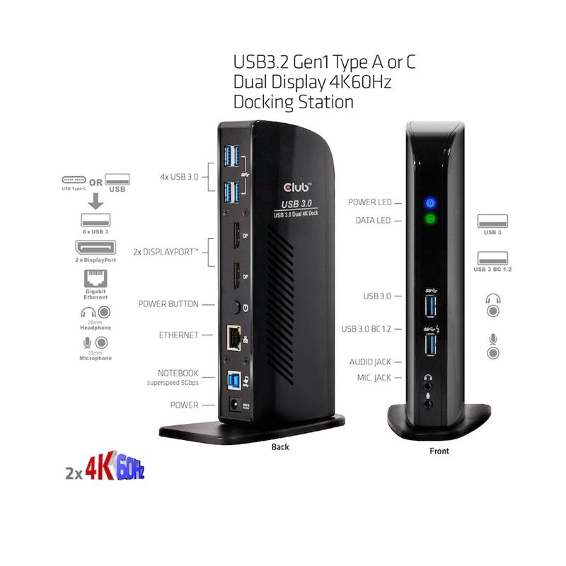 CLUB3D UNIVERSEEL Docking station USB3.2 Type A of C 2x Displayport 4K60Hz DisplayLink® gecertificeerd