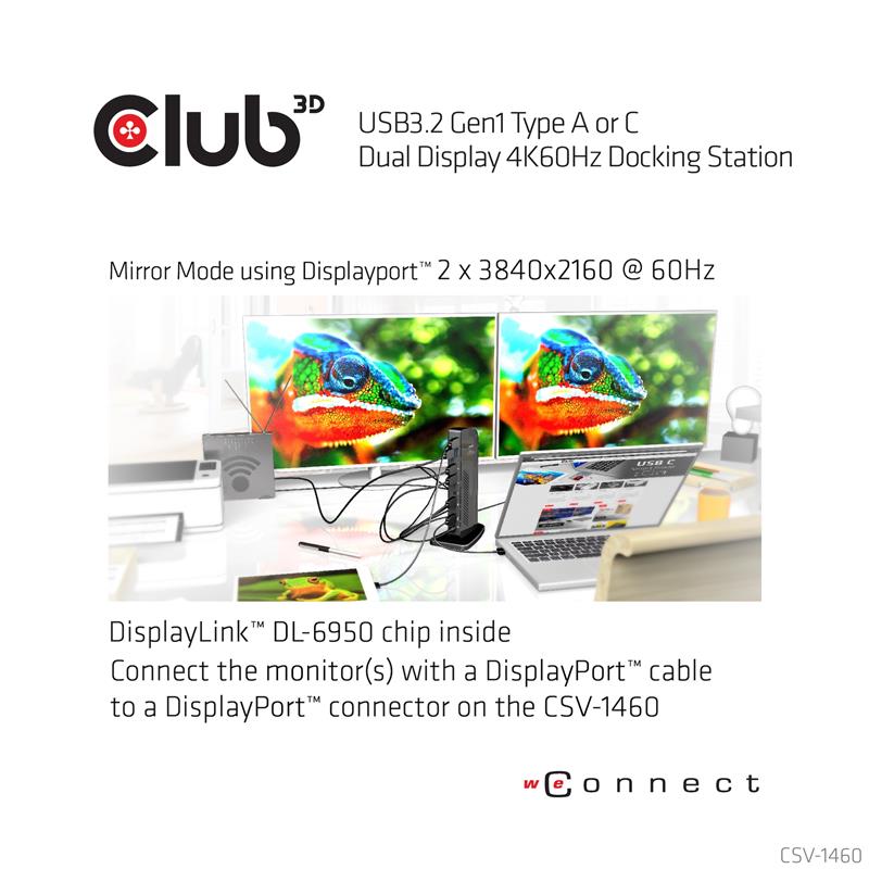 CLUB3D UNIVERSEEL Docking station USB3.2 Type A of C 2x Displayport 4K60Hz DisplayLink® gecertificeerd