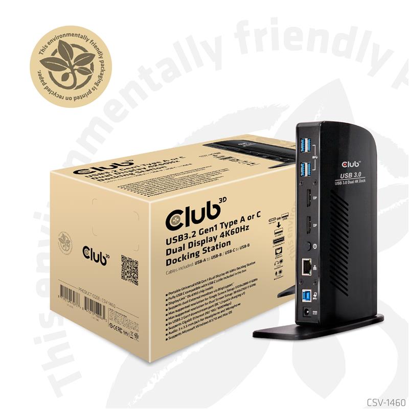 CLUB3D UNIVERSEEL Docking station USB3.2 Type A of C 2x Displayport 4K60Hz DisplayLink® gecertificeerd