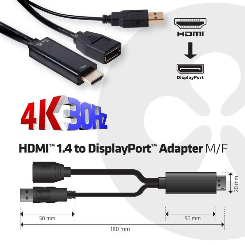 CLUB3D HDMI™ Naar DisplayPort™ Adapter M/V met USB voeding