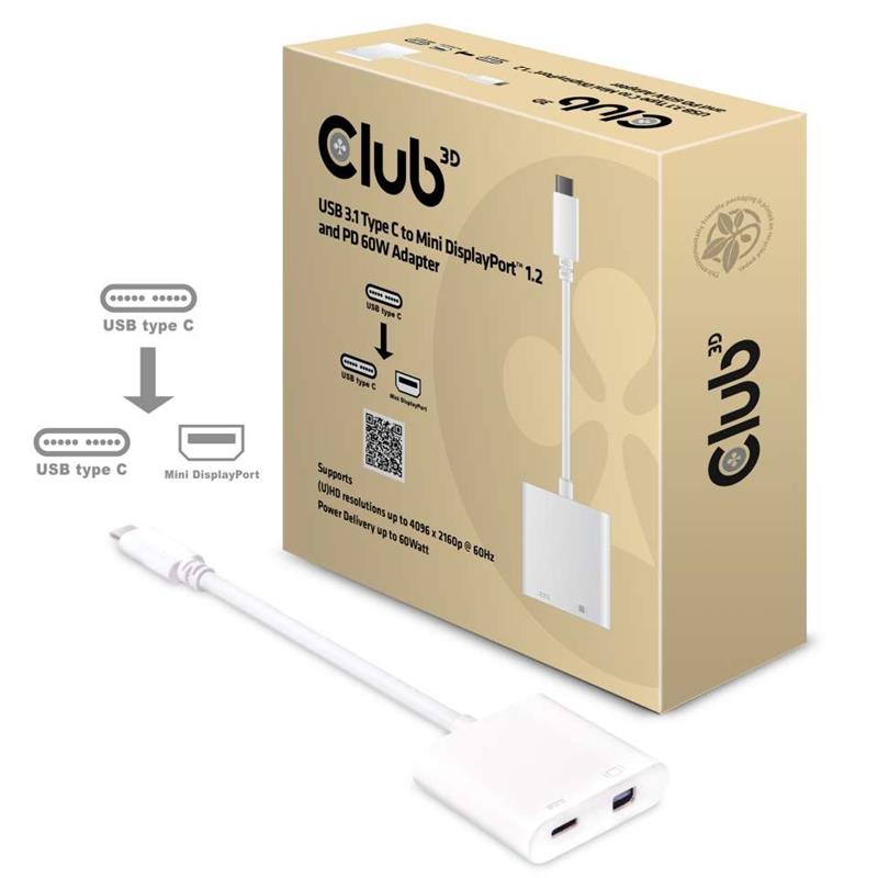 CLUB3D USB 3.1 Type C to Mini DisplayPort 1.2 and PD 60 W Adapter