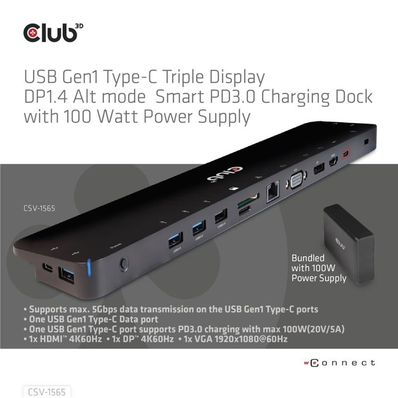 CLUB3D USB Gen1 Type-C Triple Display DP1.4 Alt mode Smart PD3.0 Charging Dock with 100 Watt Power Supply