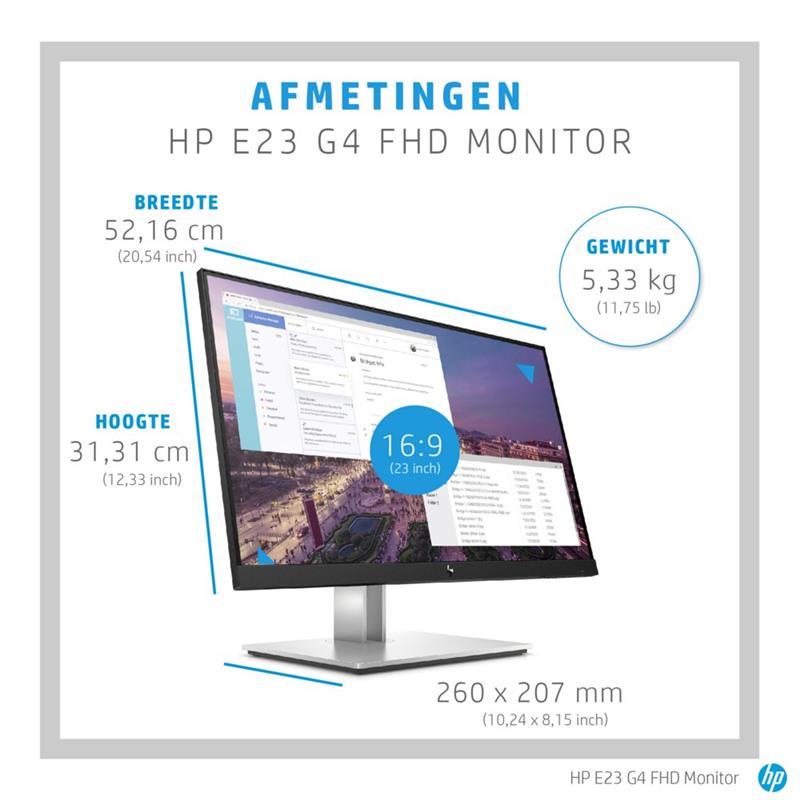 HP E-Series E23 G4 58,4 cm (23"") 1920 x 1080 Pixels Full HD LCD Zwart, Zilver