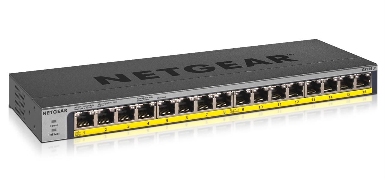 Netgear GS116LP Unmanaged Gigabit Ethernet (10/100/1000) Zwart Power over Ethernet (PoE)