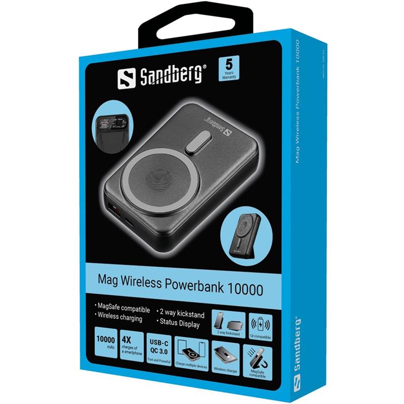 Sandberg Mag Wireless Powerbank 10000 10000 mAh Draadloos opladen Zwart
