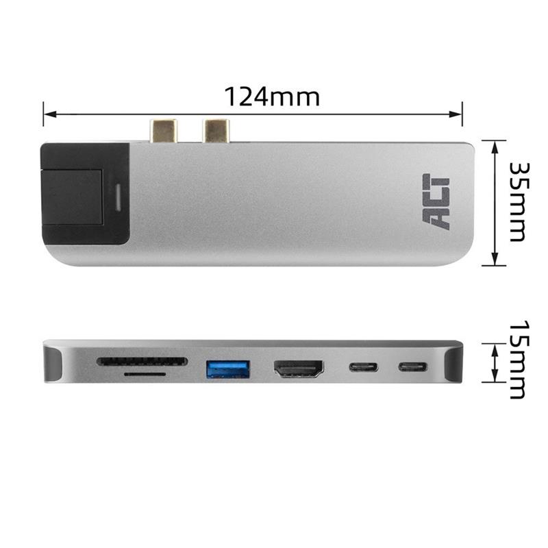 ACT AC7044 notebook dock & poortreplicator Bedraad USB 3.2 Gen 2 (3.1 Gen 2) Type-C Grijs