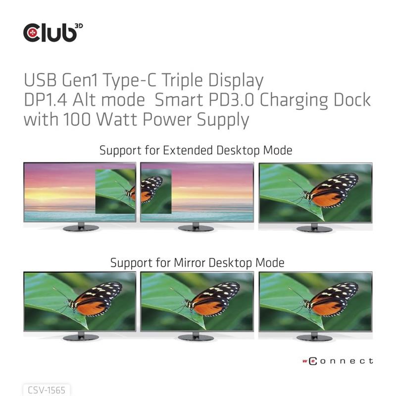 CLUB3D USB Gen1 Type-C Triple Display DP1.4 Alt mode Smart PD3.0 Charging Dock with 100 Watt Power Supply