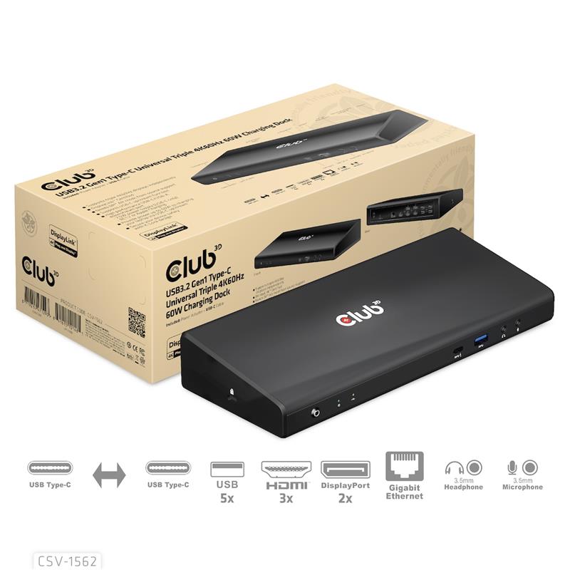 CLUB3D Type-C Universeel (2x 4K60Hz +1x 4K30Hz), oplaad Docking Station 60W DisplayLink® gecertificeerd en DP alt modus - kensington lock