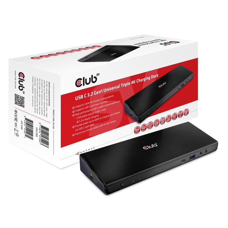 CLUB3D Type-C Universeel (2x 4K60Hz +1x 4K30Hz), oplaad Docking Station 60W DisplayLink® gecertificeerd en DP alt modus - kensington lock