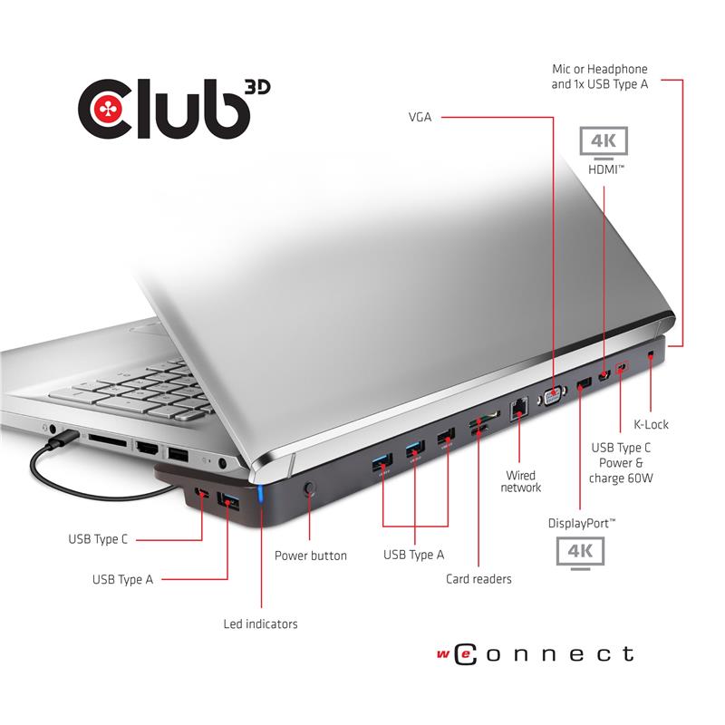 CLUB3D USB TC3.2 Gen 1 Trip dyn PD C60W-100W Docking USB 3.2 Gen 1 (3.1 Gen 1) Type-C Zwart