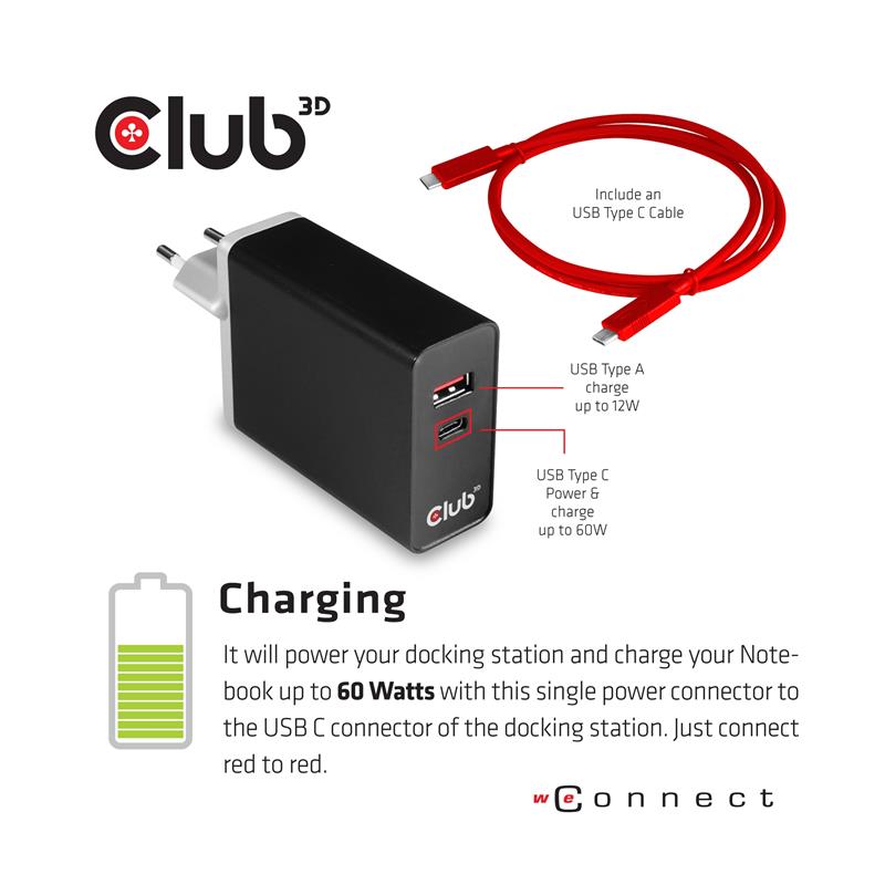 CLUB3D USB TC3.2 Gen 1 Trip dyn PD C60W-100W Docking USB 3.2 Gen 1 (3.1 Gen 1) Type-C Zwart