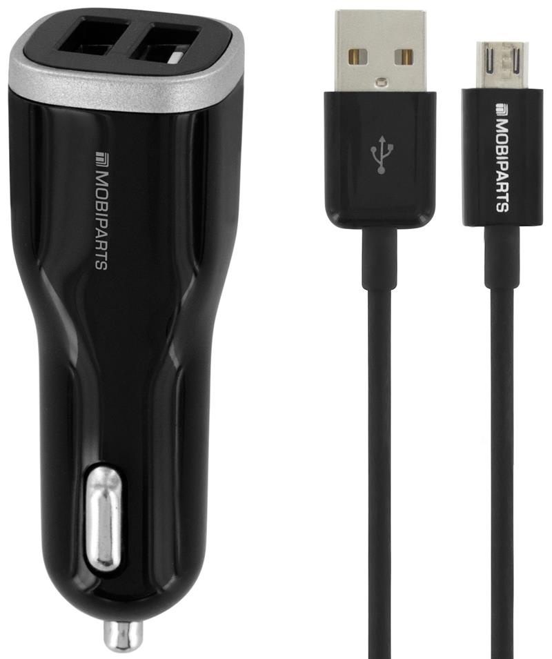 Mobiparts Car Charger Dual USB 2.4A + Micro USB Cable Black