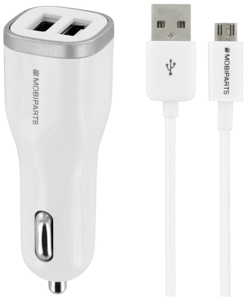 Mobiparts Car Charger Dual USB 4.8A + Micro USB Cable White