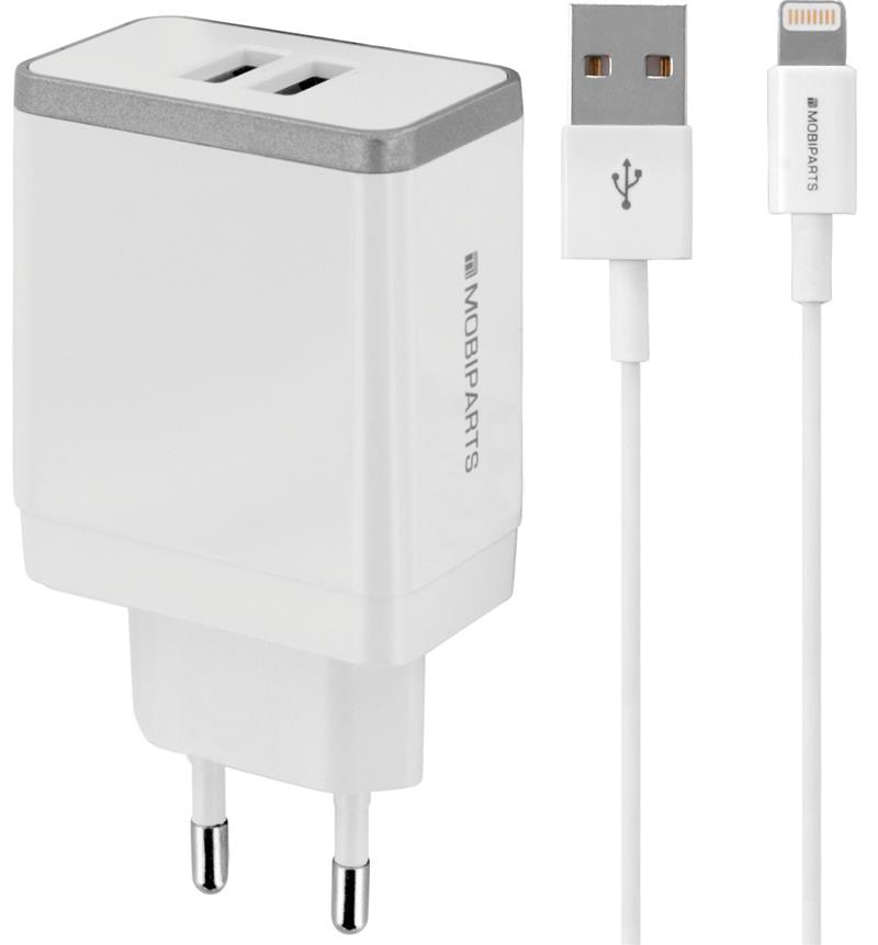 Mobiparts Wall Charger Dual USB 2.4A + Lightning Cable White