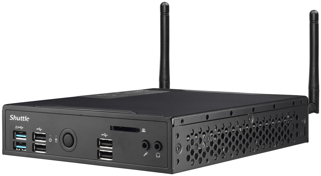 Shuttle XPC slim Barebone DS10U, Celeron 4205U, 1xHDMI,1xDP,1x VGA, 2x LAN,1xCOM, 8x USB, ventilatorloos , 24/7 permanent gebruik