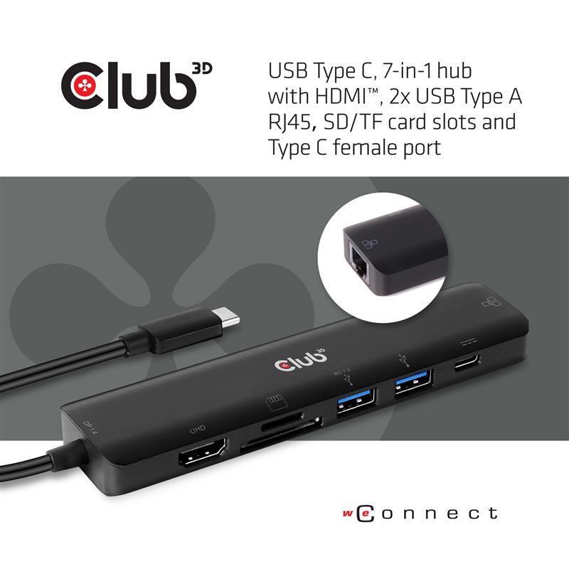 CLUB3D USB type C 7in1 Hub HDMI 4K60Hz SD TF Card slot 2x USB Type A USB Type C oplaad mogelijkheid tot max.100W (ook geschikt voor Apple M1 en Thunde