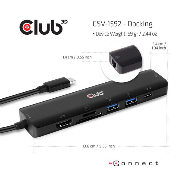 CLUB3D USB type C 7in1 Hub HDMI 4K60Hz SD TF Card slot 2x USB Type A USB Type C oplaad mogelijkheid tot max.100W (ook geschikt voor Apple M1 en Thunde