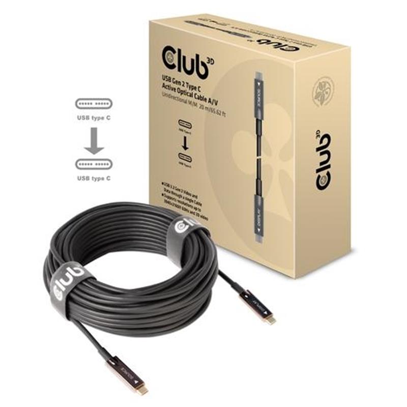 CLUB3D USB Gen 2 Type C actieve optische kabel 4K 60Hz Ultra HD unidirectioneel M/M 20 meter