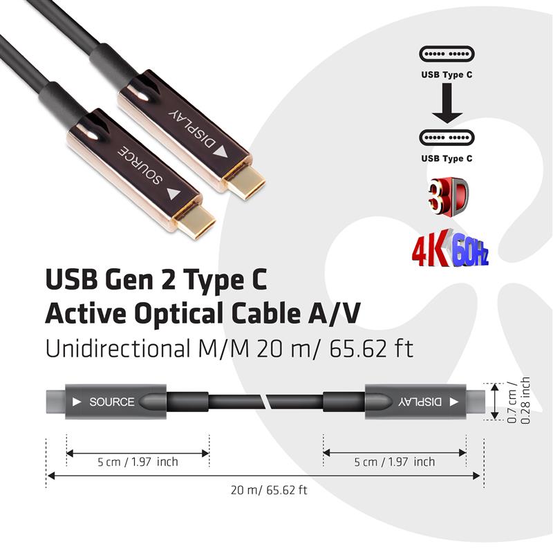 CLUB3D USB Gen 2 Type C actieve optische kabel 4K 60Hz Ultra HD unidirectioneel M/M 20 meter