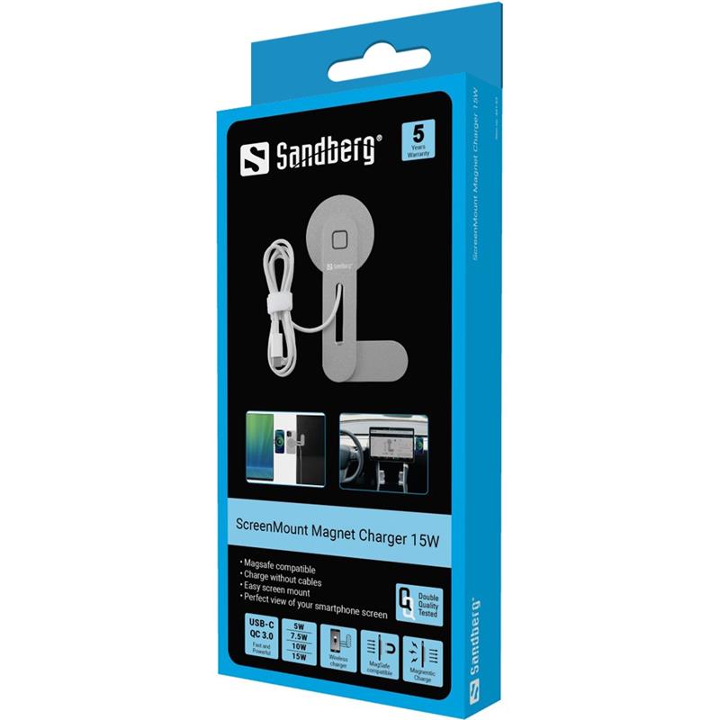 Sandberg ScreenMount Magnet Charger 15W Smartphone Grijs USB Draadloos opladen Auto, Binnen