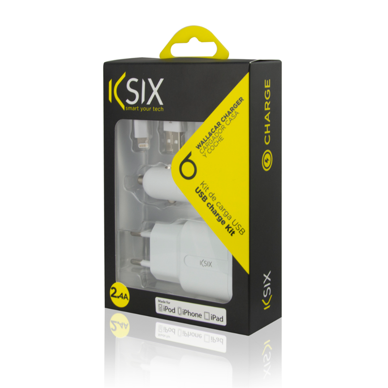 Ksix - Charge pack - Oplader, autolader en lightning-USB-Kabel - Wit