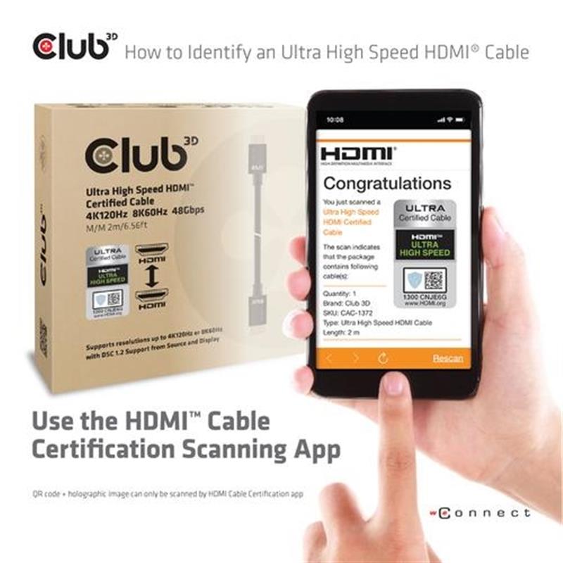 CLUB3D Ultra High Speed ??HDMI™2.1 gecertificeerde kabel 4K120Hz, 144Hz 48Gbps M/V 1.5M