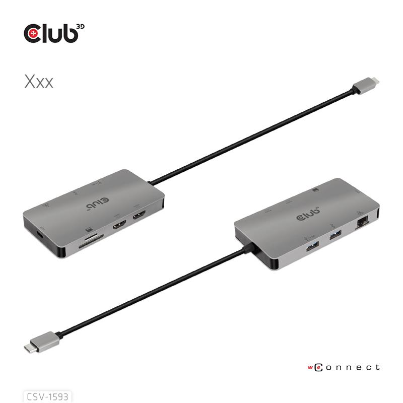 CLUB3D Type-C HUB 8-in-1 met 2x HDMI ( alt modus), 2x USB-A, RJ45, SD/Micro slot en USB Type-C oplaad mogelijkheid max. 100Watt( Ook geschikt voor App