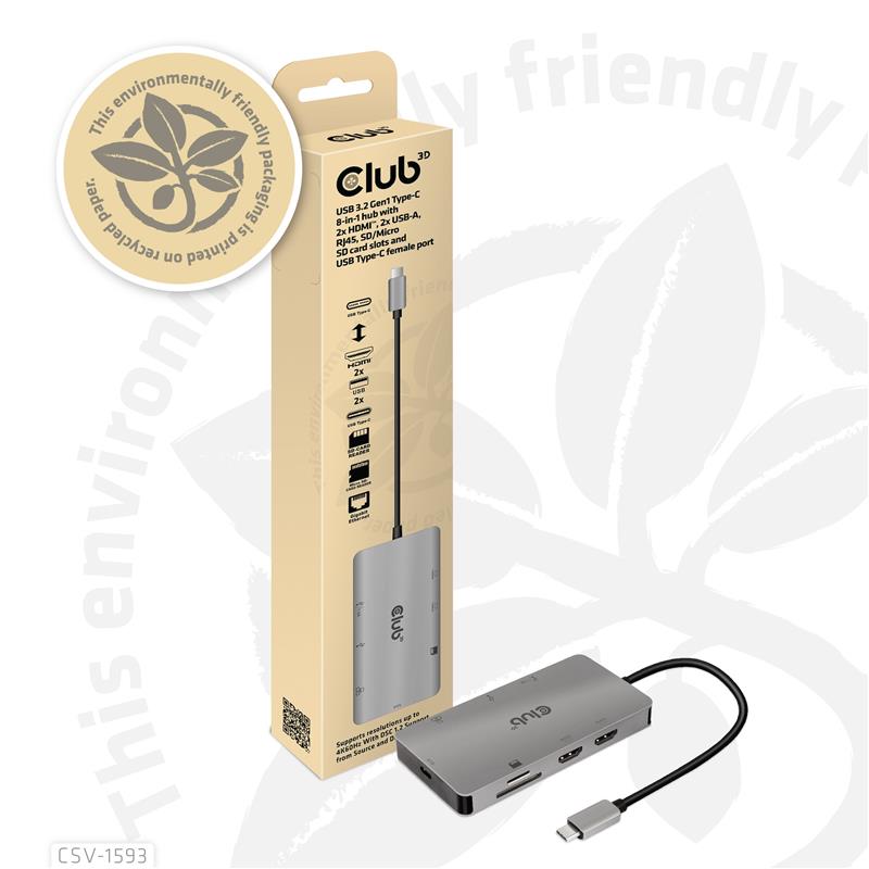 CLUB3D Type-C HUB 8-in-1 met 2x HDMI ( alt modus), 2x USB-A, RJ45, SD/Micro slot en USB Type-C oplaad mogelijkheid max. 100Watt( Ook geschikt voor App