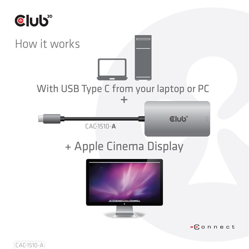 CLUB3D USB3.2 Gen1 Type-C to Dual Link DVI-D HDCP OFF version Active Adapter M/F for Apple Cinema Displays