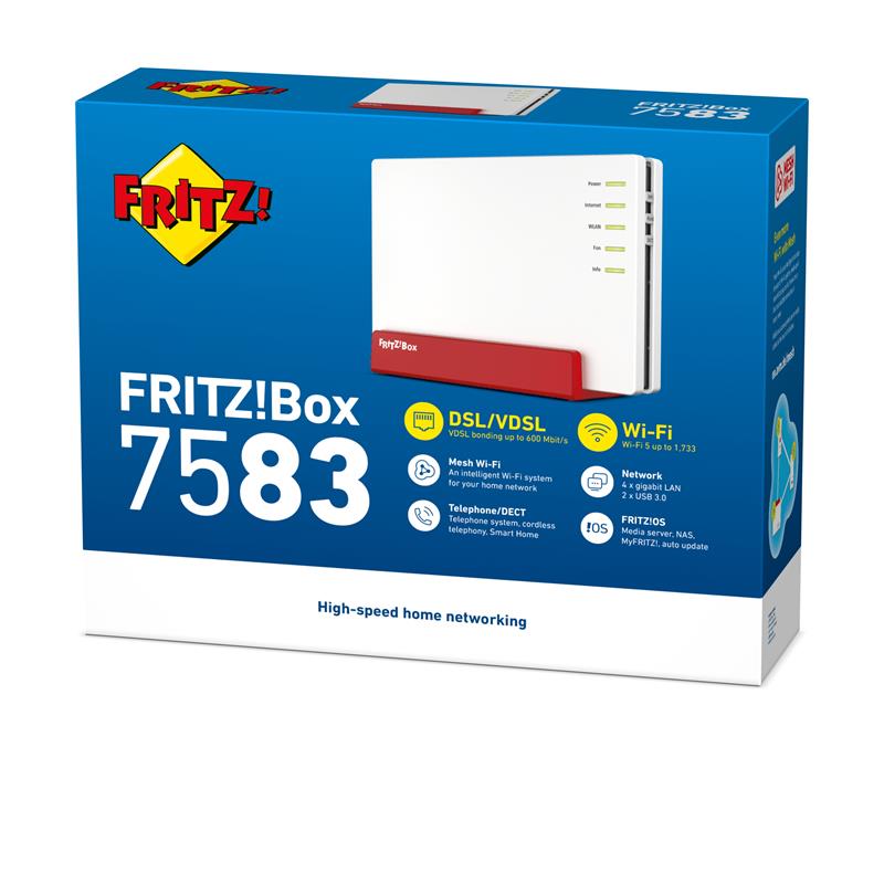 FRITZ!Box FRITZ! BOX 7583 VDSL draadloze router Gigabit Ethernet Dual-band (2.4 GHz / 5 GHz) 4G Rood, Wit