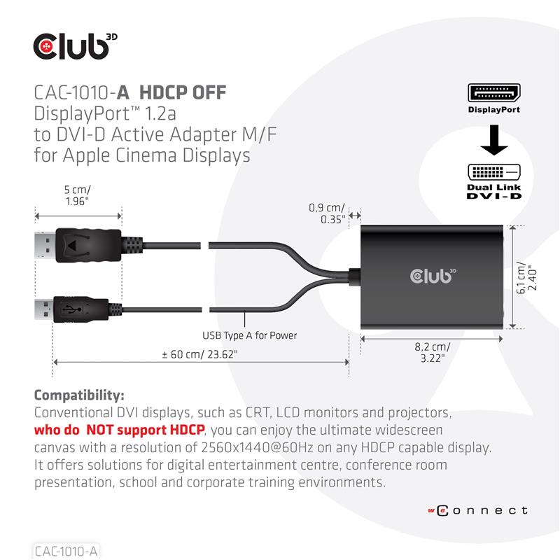 CLUB3D DisplayPort to Dual Link DVI-D HDCP OFF version Active Adapter M/F for Apple Cinema Displays