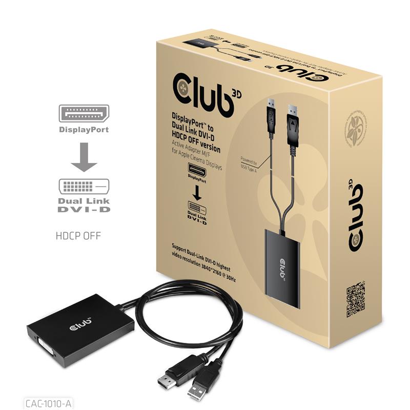 CLUB3D DisplayPort to Dual Link DVI-D HDCP OFF version Active Adapter M/F for Apple Cinema Displays