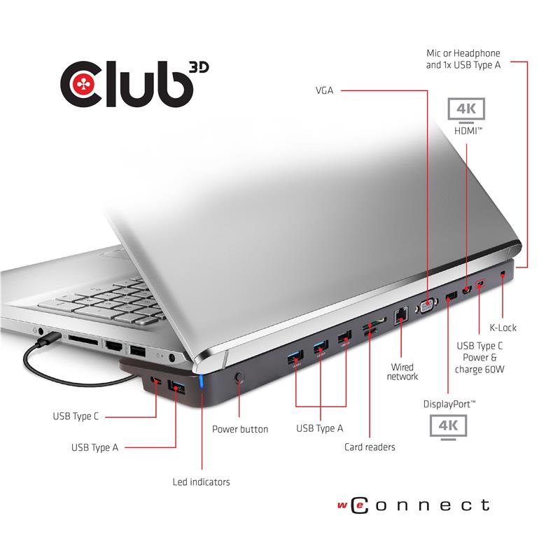 CLUB3D UNIVERSEEL Docking station USB Type C 3.2 Gen1 Triple Display Dynamic PD oplaad + 100W PD charger