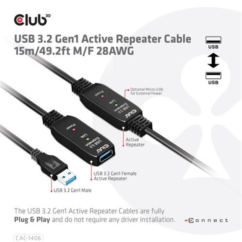 CLUB3D USB 3.2 Gen1 Active Repeater Cable 15m/ 49.2 ft M/F 28AWG