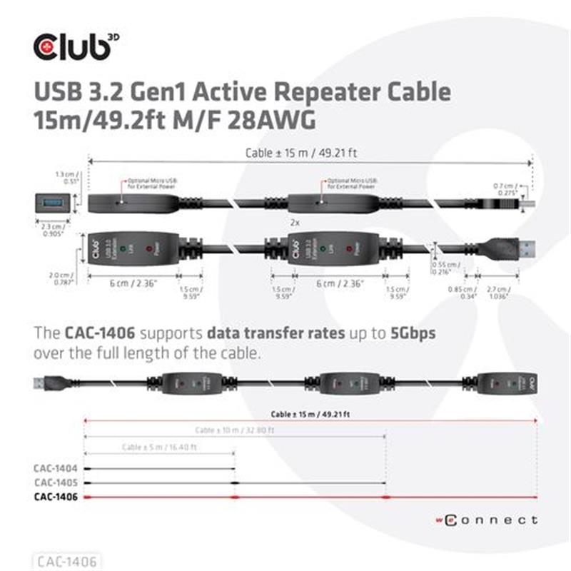CLUB3D USB 3.2 Gen1 Active Repeater Cable 15m/ 49.2 ft M/F 28AWG