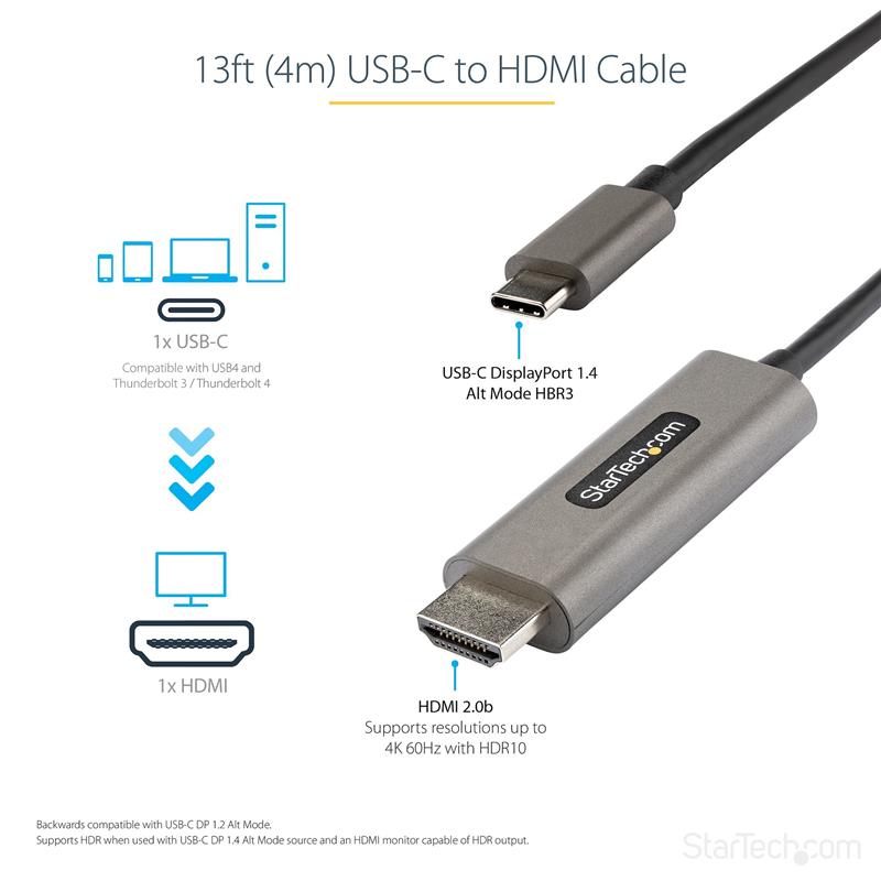 StarTech.com 4m USB-C naar HDMI Kabel - 4K 60Hz met HDR10 - Ultra HD USB Type-C naar 4K HDMI 2.0b Video Adapter Kabel - USB-C naar HDMI HDR Monitor/Sc
