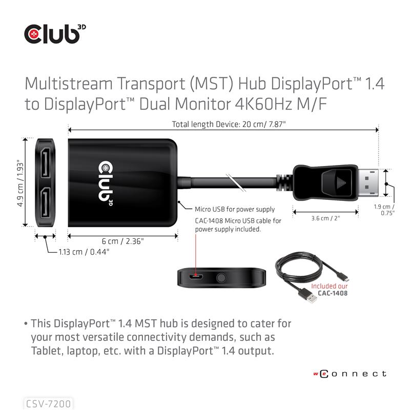 CLUB3D MST hub DisplayPort 1.4 to DisplayPort + HDMI 4K60Hz M/F