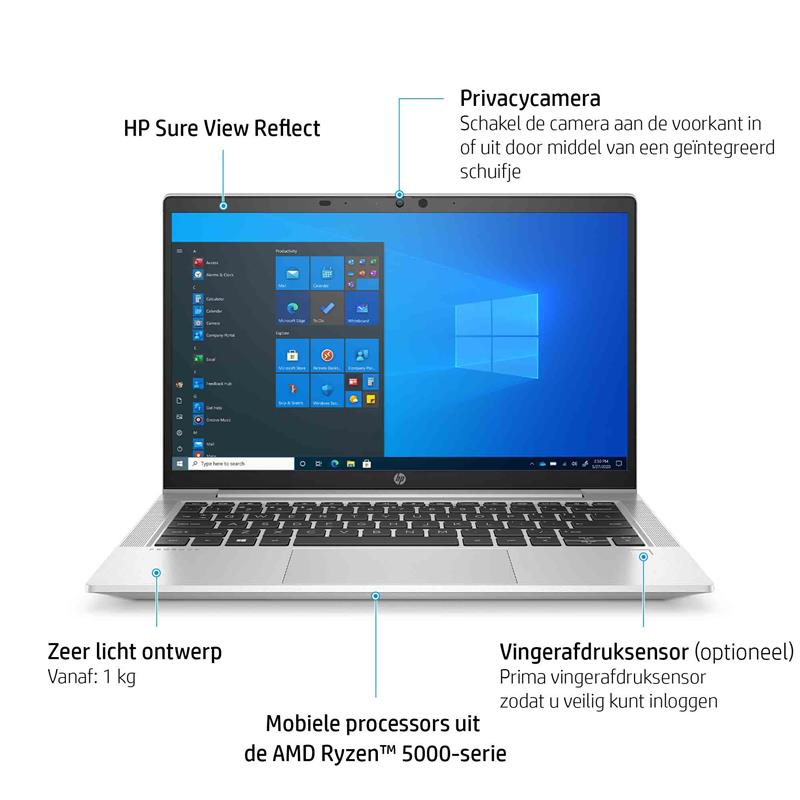 HP ProBook 635 Aero G8 Notebook 33,8 cm (13.3"") Full HD AMD Ryzen 5 PRO 8 GB DDR4-SDRAM 256 GB SSD Wi-Fi 5 (802.11ac) Windows 10 Pro Zilver